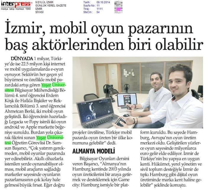9 Eylül, 09 Oct 2014: İzmir, mobil oyun pazarının baş aktörlerinden biri olabilir