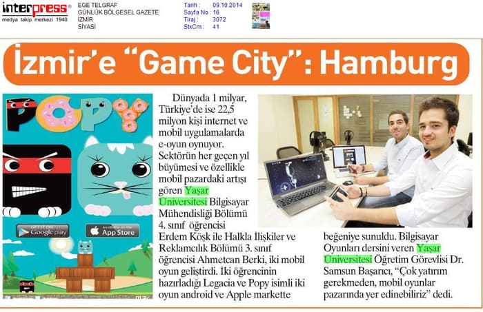 Ege Telgraf, 09 Oct 2014: İzmir'e “Game City”: Hamburg