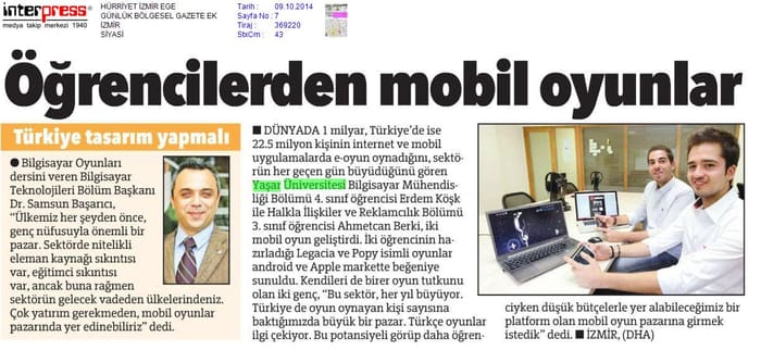 Hürriyet, 09 Oct 2014: Öğrencilerden mobil oyunlar