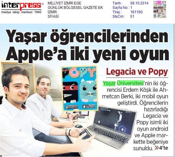Milliyet, 09 Oct 2014: Yaşar öğrencilerinden Apple'a iki yeni oyun