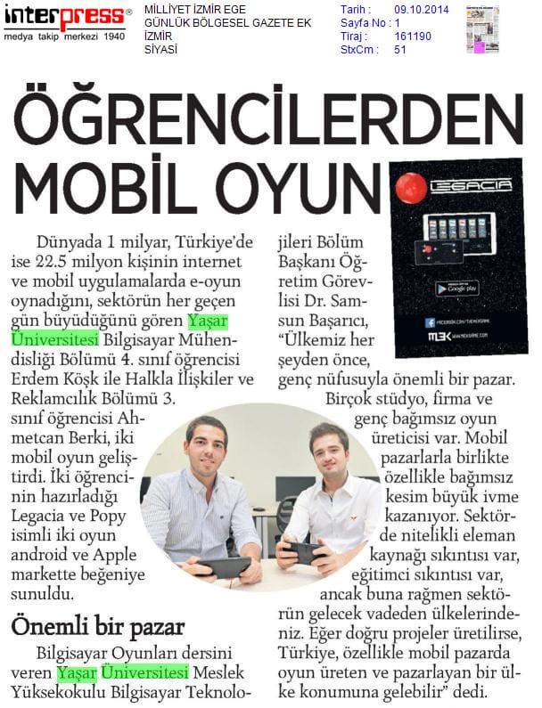 Milliyet, 09 Oct 2014: Öğrencilerden mobil oyun