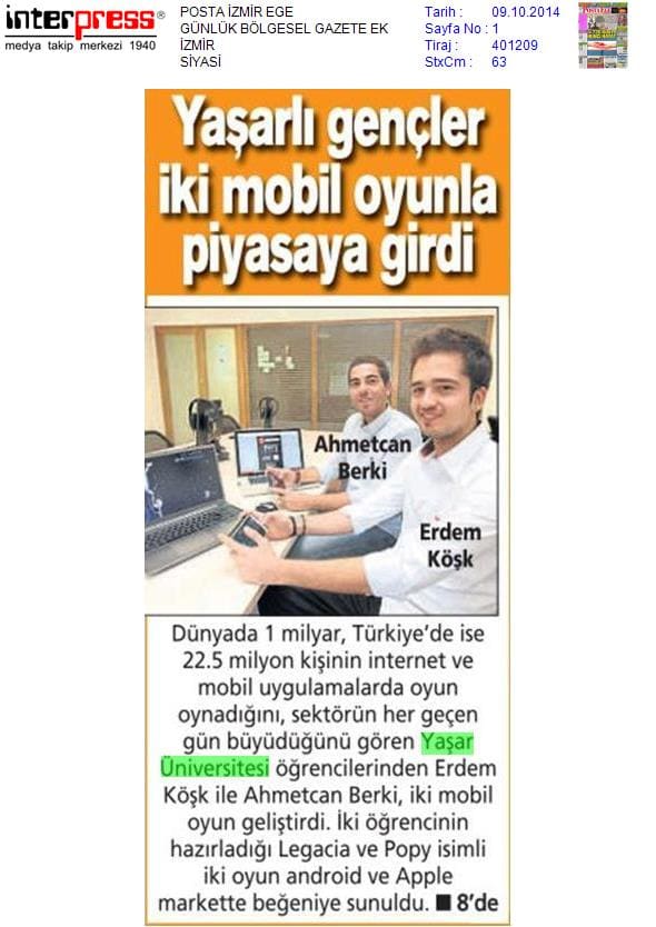 Posta, 09 Oct 2014: Yaşarlı gençler iki mobil oyunla piyasaya girdi