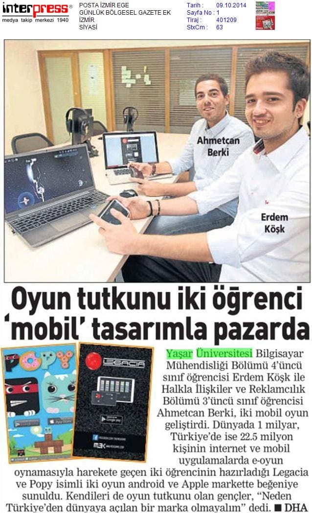 Posta, 09 Oct 2014: Oyun tutkunu iki öğrenci 'mobil' tasarımla pazarda