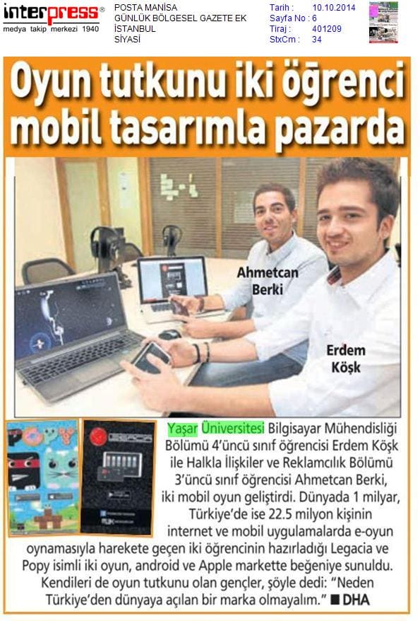 Posta, 10 Oct 2014: Oyun tutkunu iki öğrenci mobil tasarımla pazarda
