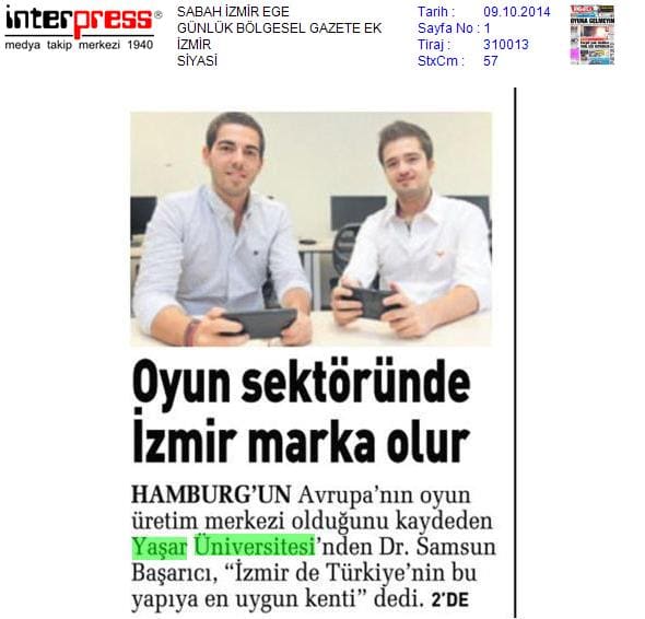Sabah, 09 Oct 2014: Oyun sektöründe İzmir marka olur