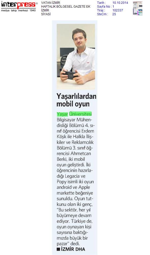 Vatan, 10 Oct 2014: Yaşarlılardan mobil oyun