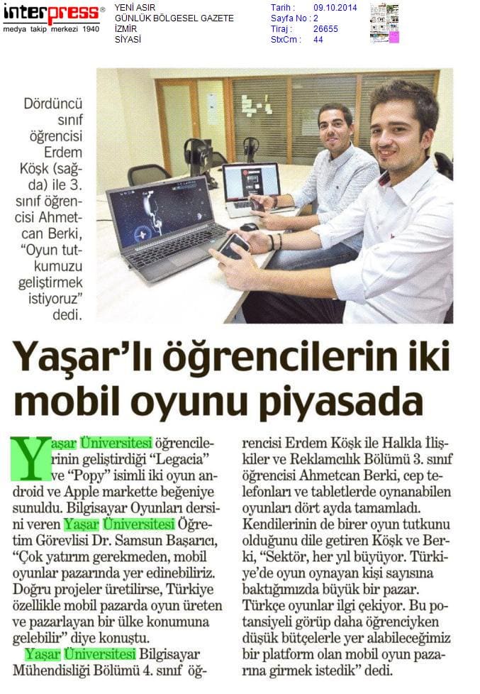 Yeni Asır, 09 Oct 2014: Yaşar'lı öğrencilerin iki mobil oyunu piyasada