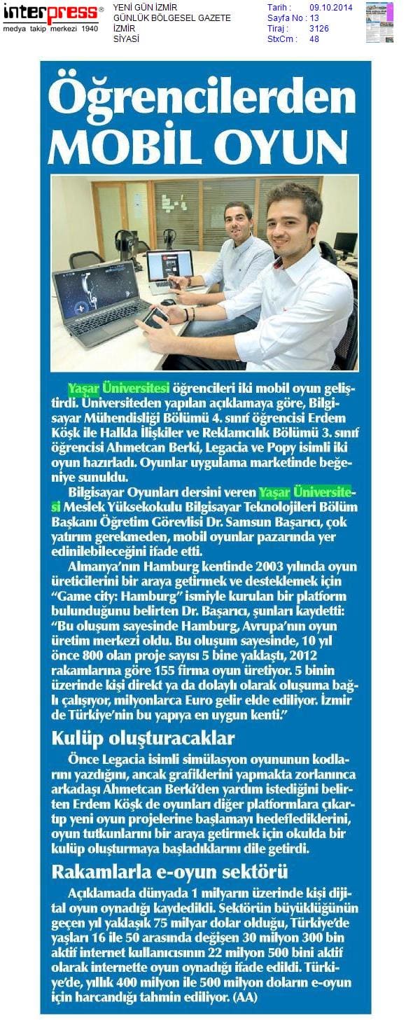 Yeni Gün, 09 Oct 2014: Öğrencilerden mobil oyun
